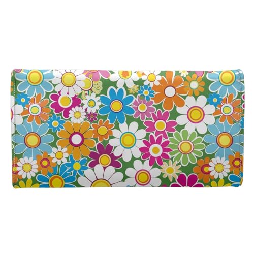 Image of AFPANQZ Colorful Hippie Flower Women Wallet Soft Leather Designe, RFID Blocking Large Capacity Shopping Outdoor Vintage Phone Holder Pockets