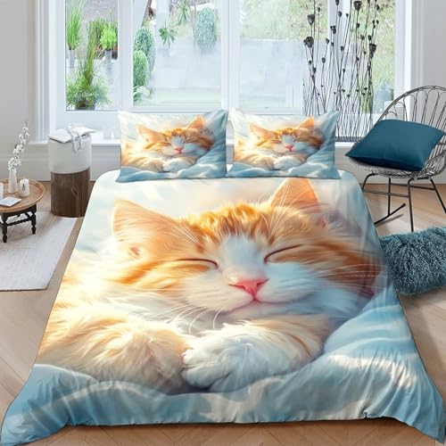 Housse de couette chat mignon 3D 200x200 avec 2 taies d'oreiller en microfibre pastel - 4