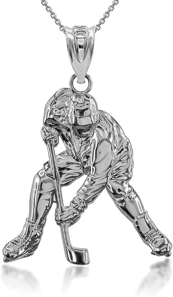 Certified 925 Sterling Silver Ice Hockey Player Winter Sports Pendant Necklace