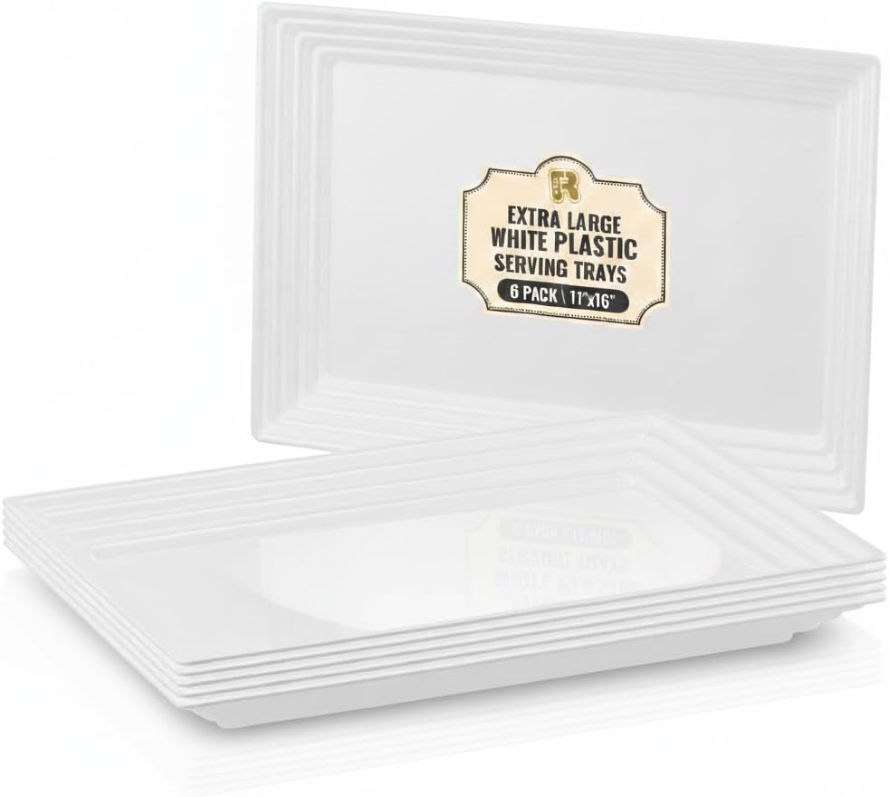 R-KAY 6 Pack Extra Large 16x11 White Plastic Serving Trays - Heavy Duty Rectangular Party Platters for Food Buffets