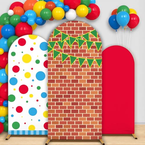3Pcs Street Theme Arch Backdrop Cover 4ft 5ft 6ft Red Brick Wall Street Spandex Fitted Round Top Arch Stand Covers Cartoon Friends Party Photo Background for Cartoon Birthday Party Wedding Decoration