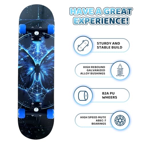 Image of Nattork 31 Inch Complete Skateboard, Standard Skateboards Gift for Beginners, Wood 9 Layer Canadian Maple Trick Skate Boards for Boys Girls Youth Teens Blue Butterfly