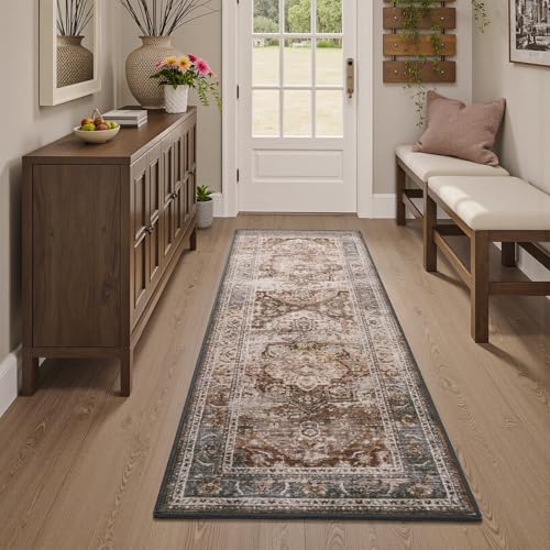 2x6 ft Runner Rug for Hallways Non Slip Washable Kitchen Runner Bedroom Bedside Runners Long Runners for Entryway Laundry Room Bathroom Neutral Brown Vintage Brown Multi 2' x 6' (Runner)
