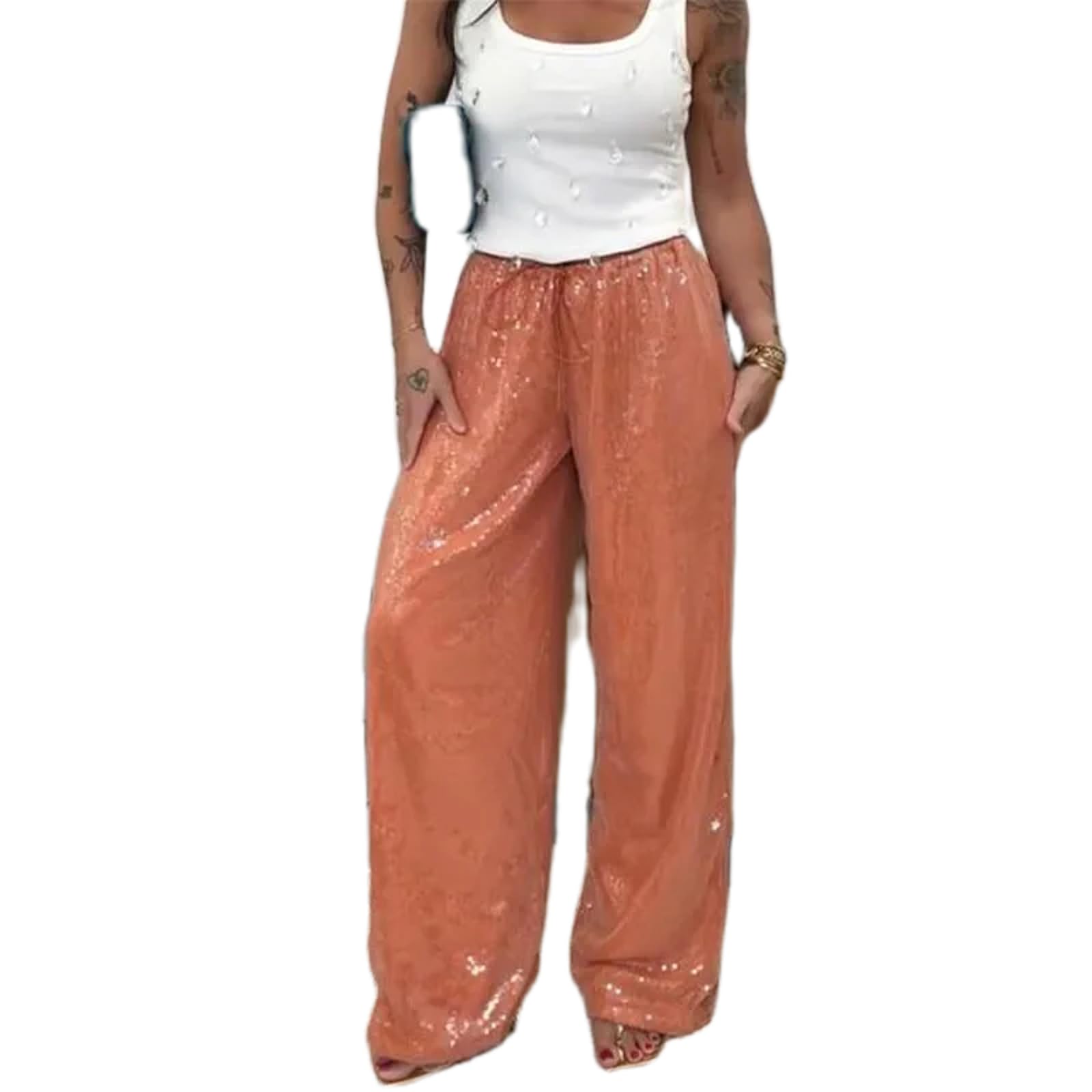 Seyurigaoka Women Y2K Sequin Wide Leg Pants Sparkle Glitter Casual Loose Long Panta Shiny Trousers Party Club Outfit