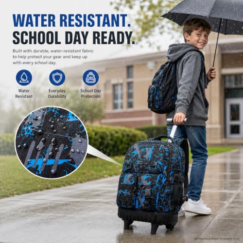 Image of CCJPX Rolling Backpack for Boys, 3Pcs Roller Wheeled School Bookbag, Graffiti Wheels Backpacks with Lunch Box for Kids (Blue)