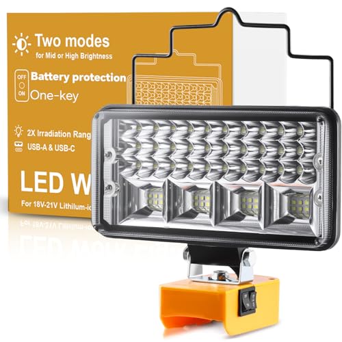 Cordless LED Work Light for Dewalt 18/20V Battery,90W 8000LM,Wide Beam Flood with Power Protection Switch,USB & Type-C Fast Charge, Job Site Lighting for Emergency Workshop Garage(No Battery)