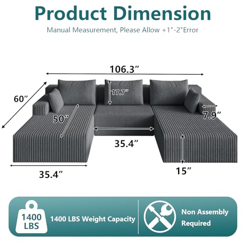 Image of 107 inch U-Shape Cloud Couch, Modern Modular Sectional U-Shape Sofa, Corduroy Boneless Couch Upholstered Couches Deep Seat Sleeper Chaise Longue for Living Room, No Assembly Required,Dark Gray