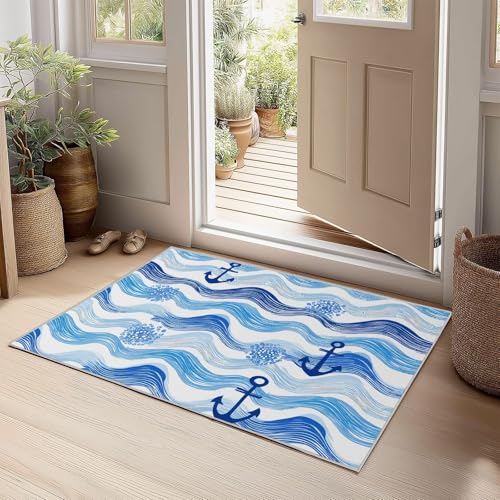 Tapis de salon lavable à rayures ondulées ancre nautique bleu - 6
