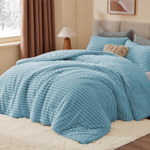 Image of BEDELITE Fleece Oversized Queen Comforter Set, Fluffy Bed Set, Grey Blue | Super Soft & Warm Bedding, Luxury Fuzzy Faux Fur Comforter for Winter, Heavy Plush Bedding, with 2 Pillowcases