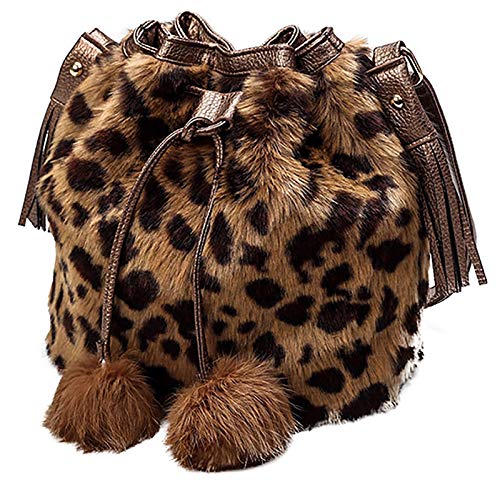 QZUnique Plush Bucket Handbag Faux Fur Drawstring Fluffy Crossbody Bag Handle Shoulder Tote Bag