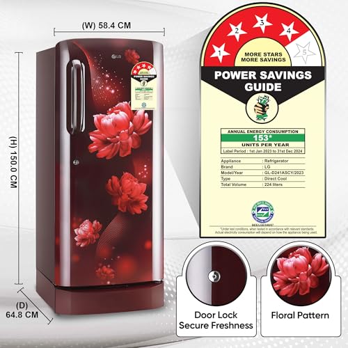 Image of LG 224 L 4 Star Direct-Cool Smart Inverter Compressor Single-Door Refrigerator (GL-D241ASCY, Scarlet Charm, Base stand with Drawer)
