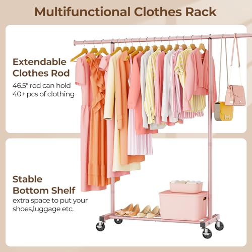 Clothes Clothing Garment Rack with Wheels,46.5" L Portable Rolling Clothing Racks for Hanging Clothes, Sturdy Closet Wardrobe Rack Clothes Storage Organizer Hanger for Coats, Shirts, Dress,Pink