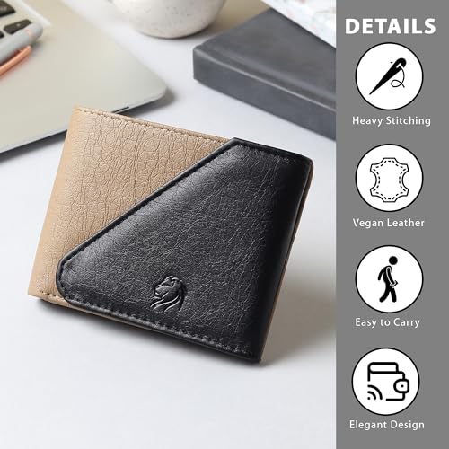 Image of VEMILIO Men's Vegan Leather Wallet for Men | Edge Cut Slim Bi-Fold Gents Purse | Stylish Wallet with Coin Pocket | 3 Card Slots | ID Window & 2 Currency Compartments (Beige & Black)