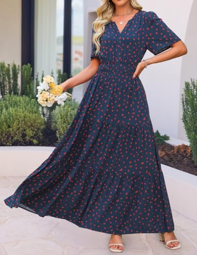 Image of ZESICA Women's 2026 Summer Spring Floral Boho Maxi Dresses Casual Short Sleeve V Neck A Line Flowy Beach Vacation Dress
