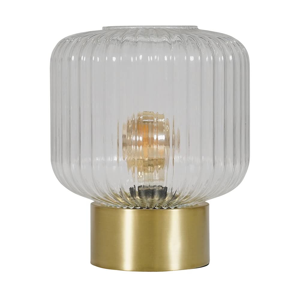 MiniSun | Satin Gold Base Table Lamp with a Clear Glass Textured Light Shade | Table Lamps, Home Décor & Improvement Essential | Includes 4W LED Bulb [2700K Warm White]