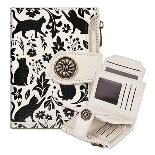 Mayski Black Cat Small RFID Wallet Women PU Leather Bifold Zipper Coin Pocket Compact Cash Credit Card Holder Purse Cute Travel Wallet for Female Ladies Teen Girls 4 ID Window 14 Card Slots
