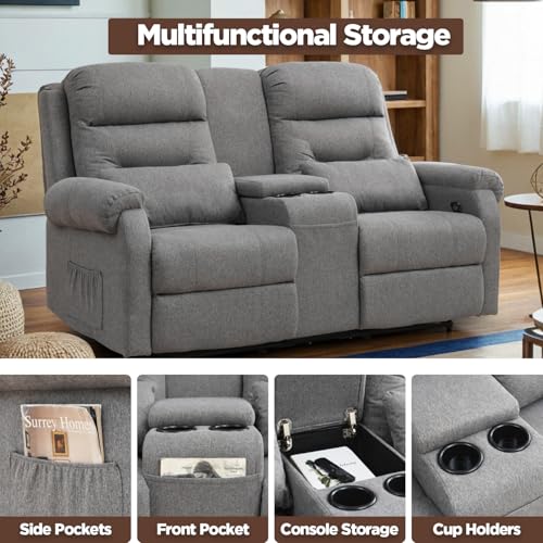 Image of RV Loveseat Recliner with Console, Reclining Loveseat Sofa, Manual Home Theater Seating with Pockets /Cup Holders for Living Room /RV Furniture (Linen Ash)