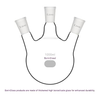 BorinGlass Three Necks Round Bottom Flask RBF, Glass 3-Neck Boiling Flask with 24/40 Standard Taper Outer Joint, 1000 ml