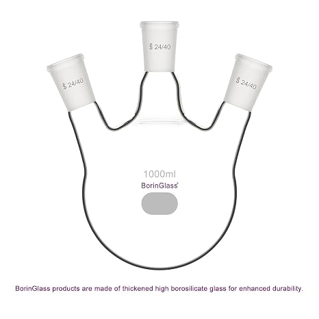 BorinGlass Three Necks Round Bottom Flask RBF, Glass 3-Neck Boiling Flask with 24/40 Standard Taper Outer Joint, 1000 ml