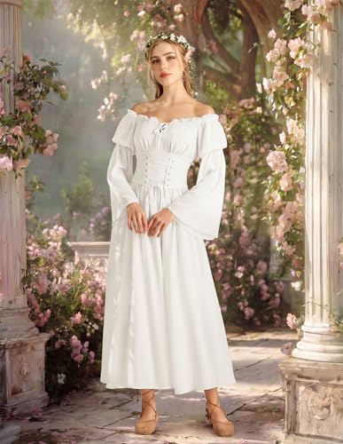 Scarlet Darkness Renaissance Costume Women Off Shoulder Corset Dress Long Sleeve Fairy Maxi Dresses White 2XL — view 4