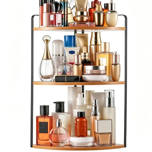 Image of 3 Tier Corner Bathroom Counter Organizer, Countertop Organizer, Makeup Organizer Countertop, Bathroom Storage Sink Shelf, Wooden and Metal Counter Shelf (Light Brown)