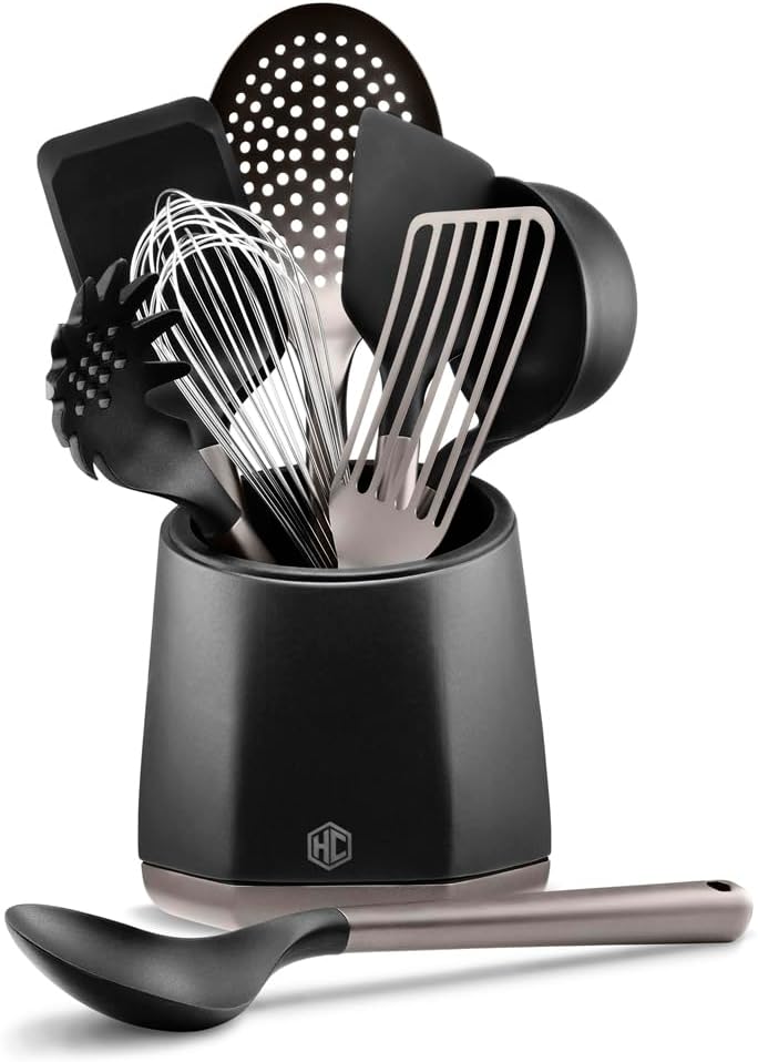 9-Piece Kitchen Utensil Set, 9 Stainless Steel & Silicone Tools with a Fingerprint-Resistant Metallic Finish, Heat-Resistant to 450°F, Dishwasher-Safe, Includes Non-Slip Ceramic Crock Holder