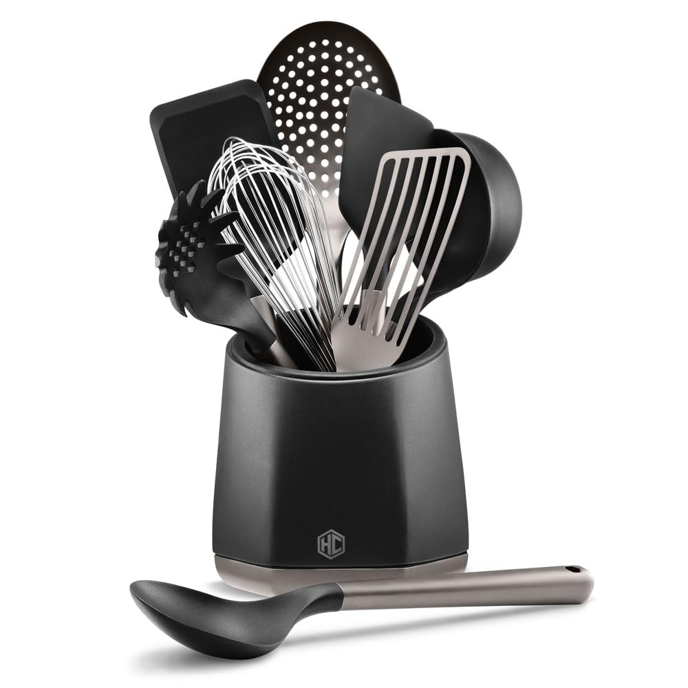 HexClad9-Piece Kitchen Utensil Set, 9 Stainless Steel & Silicone Tools with a Fingerprint-Resistant Metallic Finish, Heat-Resistant to 450°F, Dishwasher-Safe, Includes Non-Slip Ceramic Crock Holder