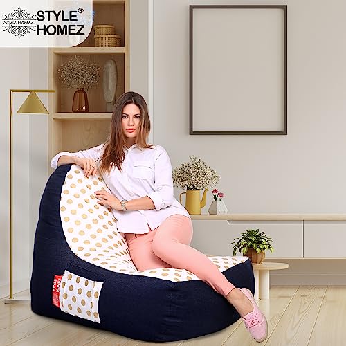 Image of Style Homez Urban Design Denim Canvas Polka Dots Printed Chair Bean Bag XXL Size Filled with Beans Fillers