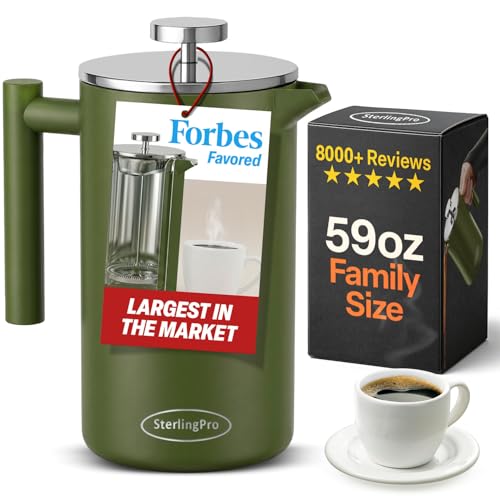 SterlingPro Extra Large Non-Toxic Insulated Stainless Steel French Press Coffee Maker, 1/2 Gallon/ 2L/ 64oz Capacity (59 oz Brew Yield) - Metal XXL Double Wall | Plastic Free | Green | 16 Cups/8 Mugs