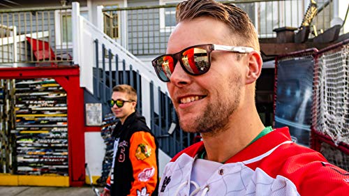 Blade Shades Sunglasses, Goalie Hockey Stick Sport 100% UV Protection Sunglasses, Hockey Gifts for Men, Women, Kids (White/Black Frame, Chrome Lens)