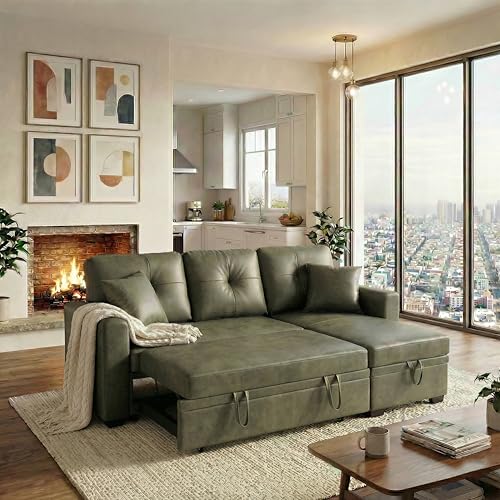 Image of KEIKI 71 inch Sectional Sleeper L Shaped Sofa with Pull Out Bed, Sleeper Sofa with Reversible Chaise, 3 Seater Modular Sectional Sofa with Storage for Living Room, Olive Green