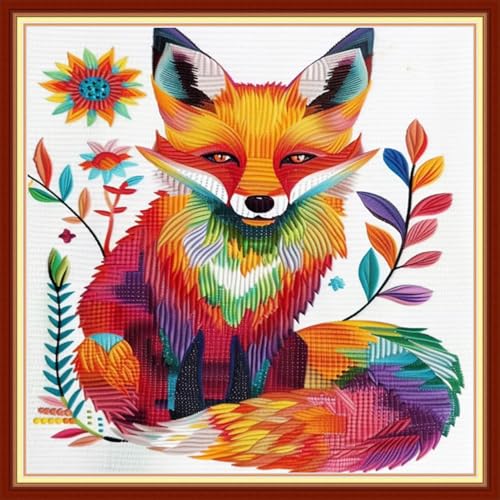 Image of Joyhoor Stamped Cross Stitch Kits for Beginners Needlepoint Kits for Adults Embroidery Kits 11CT Counted Cross Stitch Kits Printed Embroidery Pattern-Colorful Fox 18x18 inchs