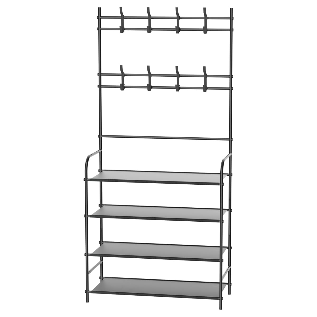 T-LOVENDO.ES Perchero 8 Ganchos Dobles y Zapatero de 4 Baldas Banco de Entrada Recibidor. Mueble Estrecho, Resistente y de Gran Capacidad. Negro