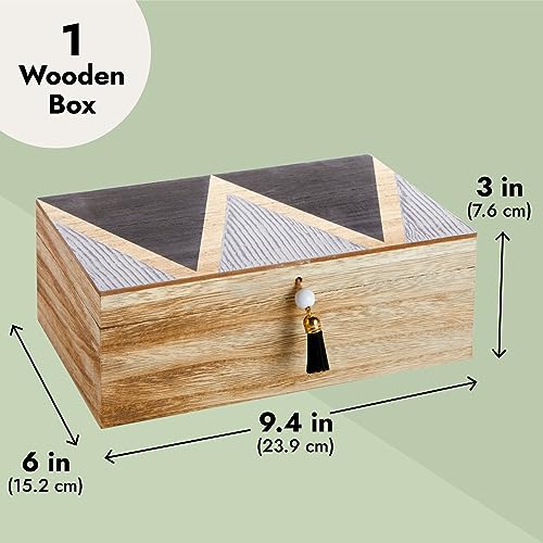 Small Wooden Decorative Box With Hinged Lid And Tassel For Jewelry, Trinket Storage (9.4 X 6 X 3 In) #TOP2