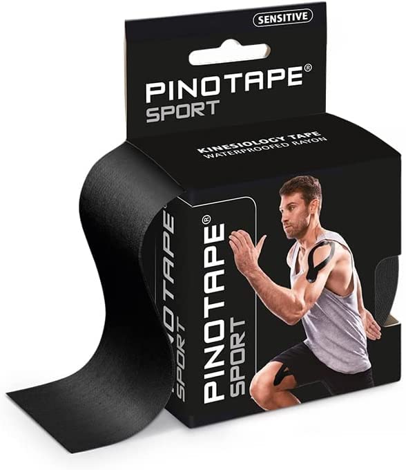 Pinotape Sport - Sensitive Tape - Ruban de kinésiologie imperméable - Sans latex - Forte adhérence - 5 cm x 5 m - Pour peaux sensibles - Noir clair - 3 bandes de 5 m = 15 m