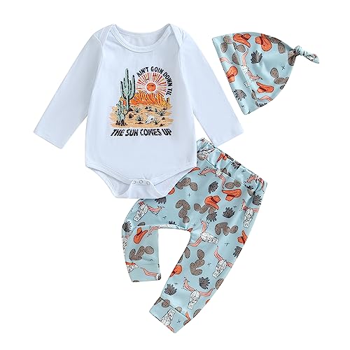 Western Newborn Baby Boys Cowboy Outfits Cow Print Letter Bodysuit+Long Leggings+Cap 3pcs Infant Boy Country Clothes (W Long Sleeve Cactus, 3-6 Months)