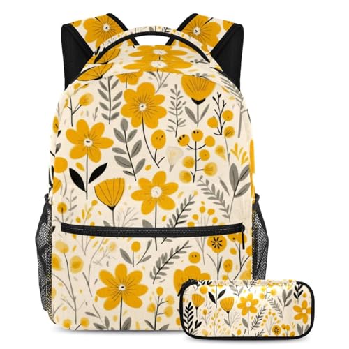 Cartable 2 pièces jaune floral avec trousse pour l'école des ados