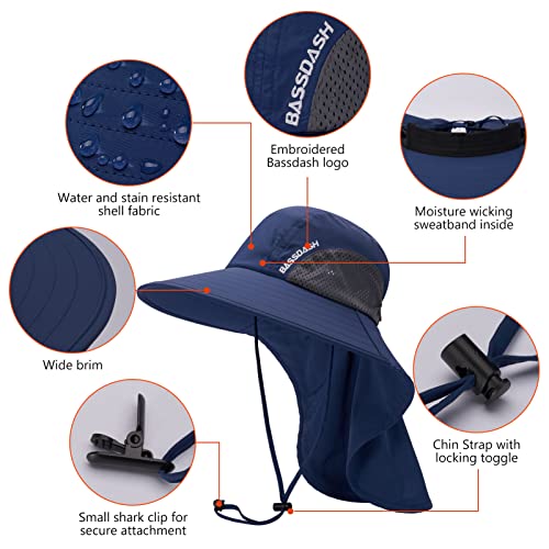 Image of BASSDASH UPF 50+ Unisex Water Resistant Wide Brim Sun Hat with Large Neck Flap Ponytail Fishing Hat for Men Women