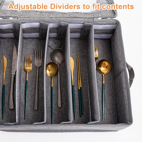 Cutlery Tray with Lid and Adjustable Compartments, 41cm Grey Kitchen Organizer for Silverware, Glasses and Camping Tableware, Oxford Fabric Dustproof Storage Box - Image 5