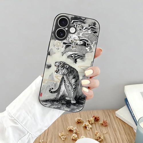 和風 絵画 水墨画 龍虎 iPhone17用ケース 強化ガラス アイフォン17用ケース 耐久性 おしゃれ 耐衝撃 スマホケース 薄型 軽量 スマホカバー