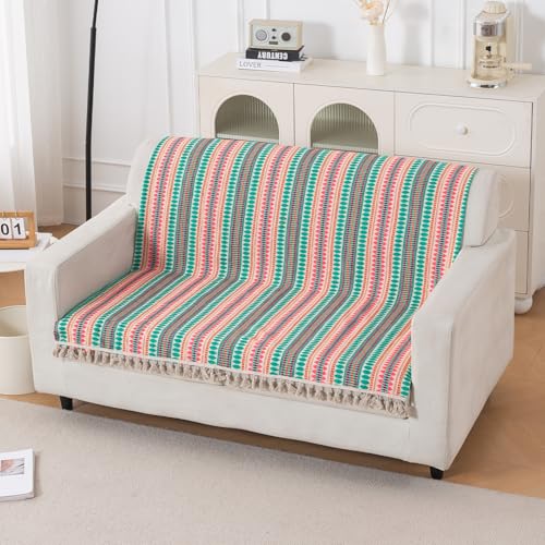 Image of HOKIPO 'Artisan Boho Series' Sofa Cover with Tassel | 450 GSM Cotton Acrylic Jacquard Sofa Cover for 2 Seater Sofa, Size 152x120 cm, Mint Green (IN-908-A7)
