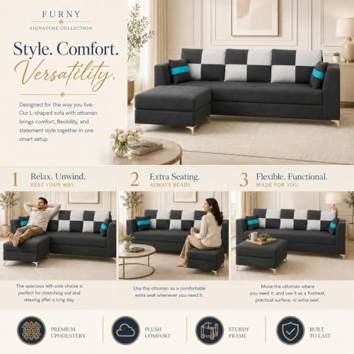 Image of FURNY Signature Cresta 4-Seater L-Shape Sofa Set with Movable Ottoman | Flexible LHS /RHS Layout | Boston Fabric | 40D Foam + Zigzag Spring | 3-Yr Warranty (Ash Grey - Light Grey)