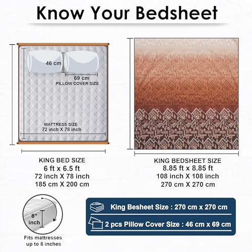 Image of Story@Home Luxe 400 TC Sateen Weave 100% Cotton Bedsheet King 270 cm x 270 cm Ombre Printed Soft Flat Sheet with 2 Pillow Covers 18 x 27 Inch Aztec Brown-Gift Packaging