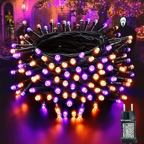 Moxled Halloween Deko Outdoor, 15M 100 LED Lichterkette Außen Strom mit Memory Funktion, 12 Modi Wasserdicht Halloween Lichterkette Lila Orange für Innen Garten Party Dekoration