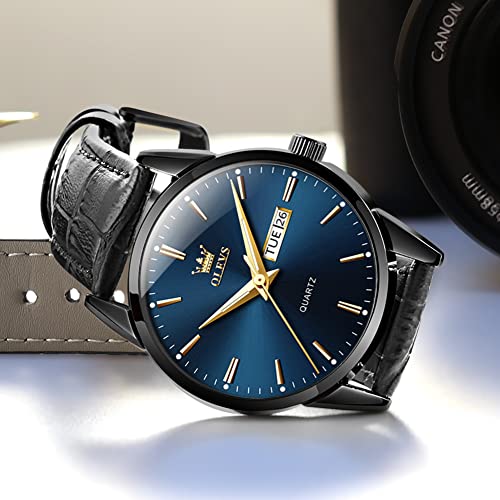 Qbaizi Mens Watches Leather Band Blue Face Dress Watches For Men Small Wrist Business Casual Men Black Watch With Day Date Black Leather Strap Mens Wrist Watch Waterproof,Relojes De Hombres #TOP6