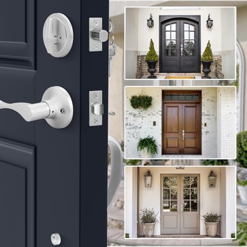 Image of Haidms Brushed Nickel Front Door Handle and Deadbolt Set, Front Door Lock Set, Entry Door Locksets with Deadbolt Single Cylinder, Exterior Door Handle with Reversible Handle Lever