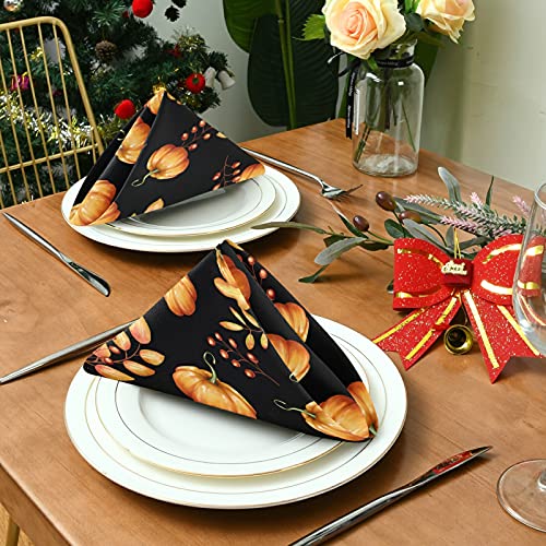Senya Thanksgiving Day Cloth Napkins Set Of 6, Autumn Pumpkin Leaves Fall Square Premium Polyester Table Linen For Thanksgiving Day Dinner Parties #TOP3