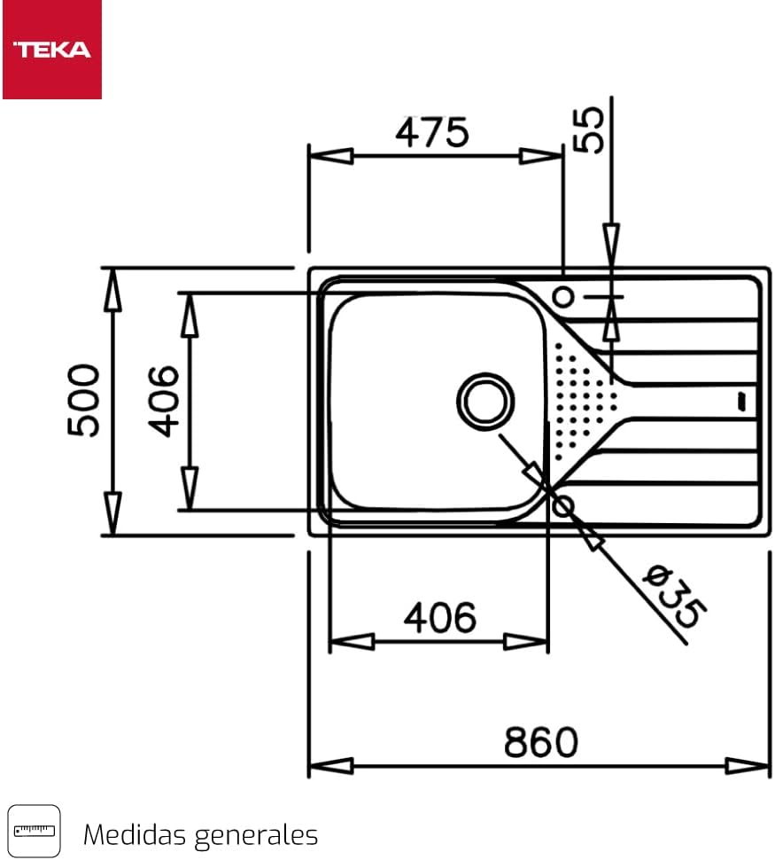 TEKA | Universe Built-in Sink | 1 Bowl | Right Drainer | Stainless Steel | 50 x 86 x 19.5 cm