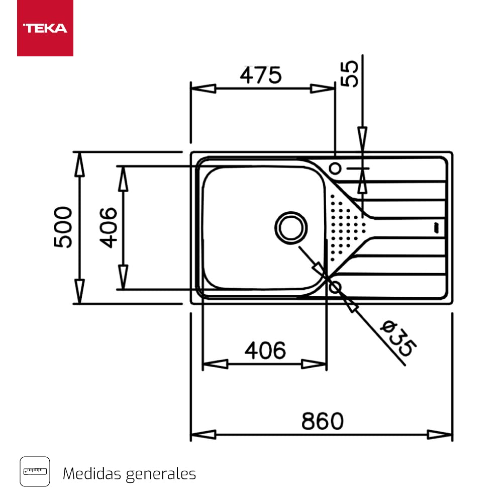 TEKA Fregadero Encastrado 1 Cubeta con Escurridor, Acero Inoxidable, 190mm Profundidad, 50cm Mueble, Universe 50 T-XP 1C 1E Plus