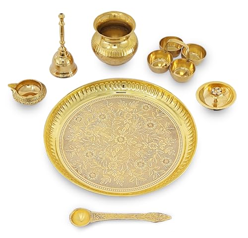 Image of BENGALEN Brass Pooja Thali Set 8 Inch Puja Thali with Pital Plate Kalash Haldi Kumkum Holder Agarbatti Stand Kuber Diya Ghanti Palli Arti Thali for Diwali Home Office Mandir Wedding Return Gift Items